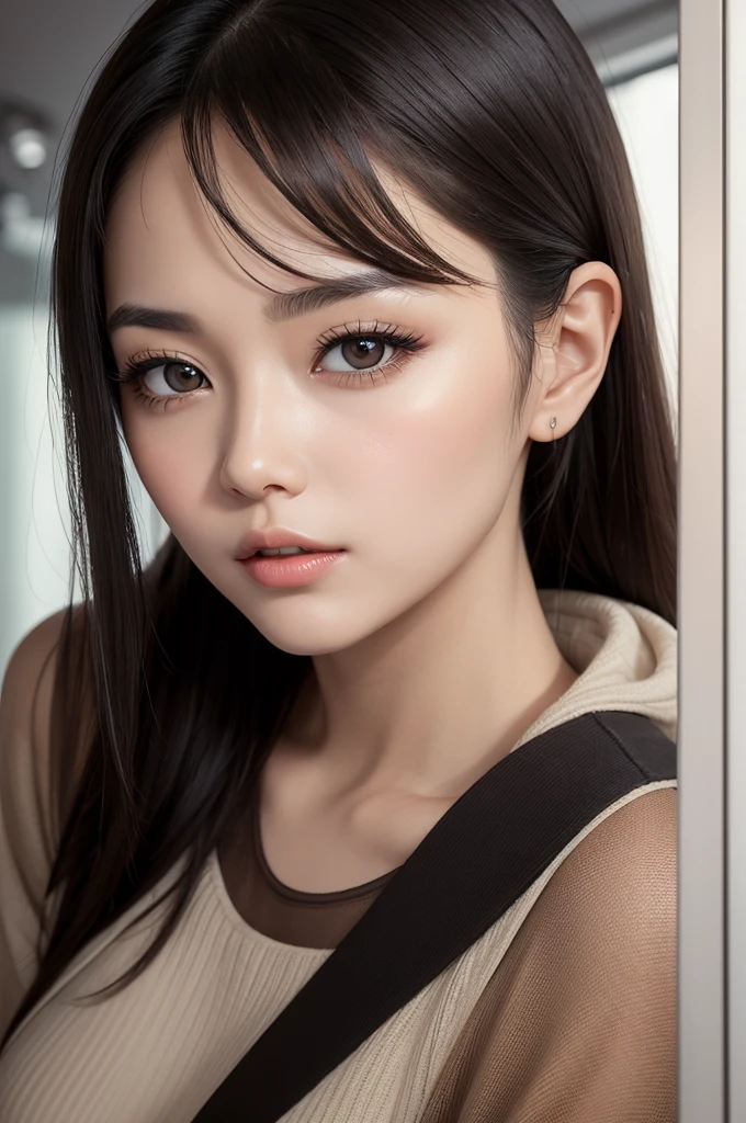 Poste Creative image in AI Woman fair skin big brown eyes straight black hair on top of the shoulder