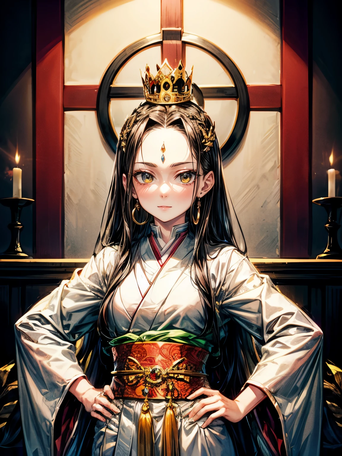 Himiko, ancient Japan, queen, shaman,((Forehead hai)),,long black hair, deep brown eyes, sumptuous attire, crown, sacred altar,regal expression,Stand up,Smile,yellow eyes,smilling,(Hand on hip),Upper body