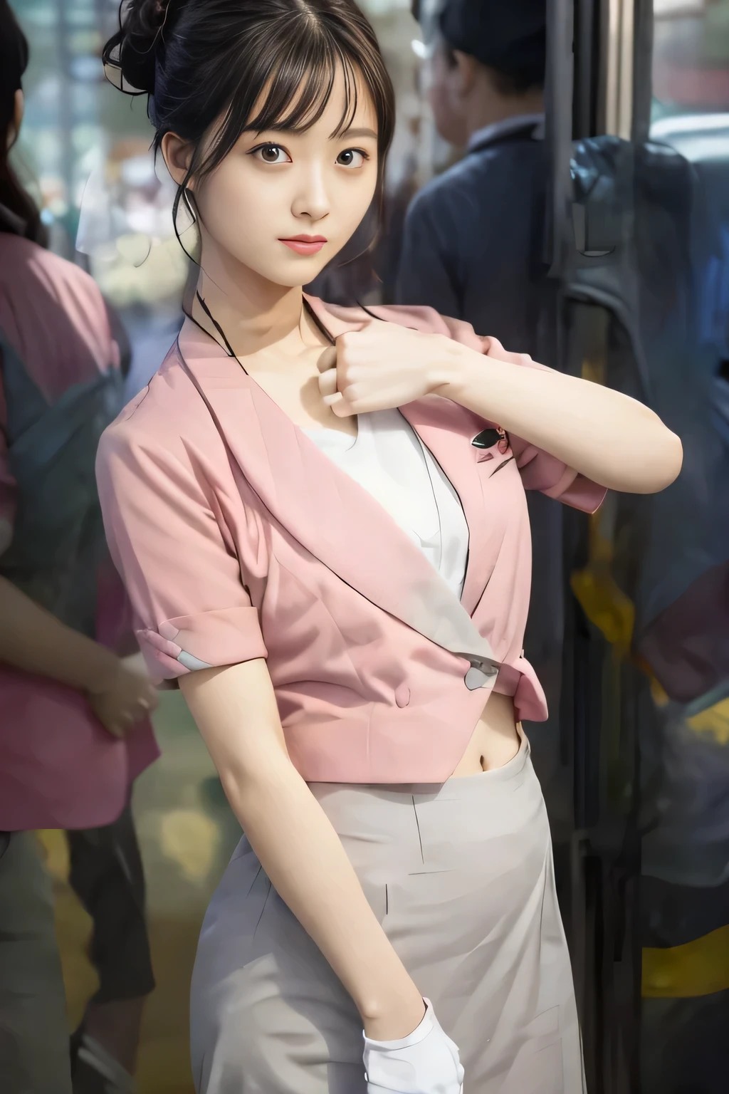 Showing your belly button、(masterpiece:1.2, Highest quality:1.2), 32k HDR, High resolution, (alone、1 girl)、 (Height: 160cm)、(On the rooftop of a building in the daytime、Professional Lighting)、Building rooftop background、(Nankai train crew uniform pinkを着たリアルスタイル)、(Nankai train crew uniform pink short sleeve collarless pink jacket、Nankai Train Crew Uniform Pink Collarless Short Sleeve Blouse、Nankai Train Crew Uniform Pink Grey Knee-length Culottes)、(The pink jacket is showing from the culottes.)、Dark brown hair、(Hair tied up、Hair tied up、Evening curly hairstyle)、Dark brown hair、Long Shot、Big Breasts、Thin legs、((Great hands:2.0)),((Harmonious body proportions:1.5)),((Normal limbs:2.0)),((Normal finger:2.0)),((Delicate eyes:2.0)),((Normal eyes:2.0)))、smile、(Nankai Train Crew Uniform Pink Grey Knee-length Culottesを見せた美しい歩く姿)、Place your hands around your stomach