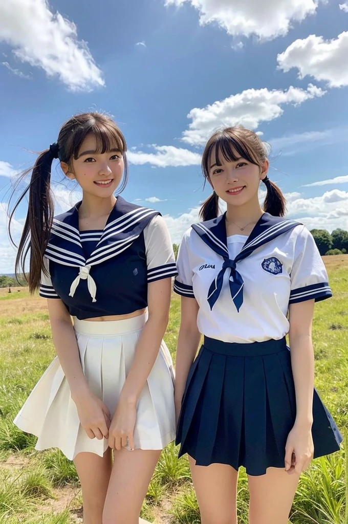 2 girls standing in windy rural field,large cumulonimbus cloud in summer blue sky,white sailor shirt,navy blue pleated skirt rolling up in wind,white panties,18-year-old,bangs,a little smile,thighs,knees,short hair with low pigtails bunches blowing in wind,from below,front light