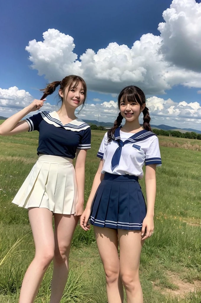 2 girls standing in windy rural field,large cumulonimbus cloud in summer blue sky,white sailor shirt,navy blue pleated skirt rolling up in wind,white panties,18-year-old,bangs,a little smile,thighs,knees,short hair with low pigtails bunches blowing in wind,from below,front light