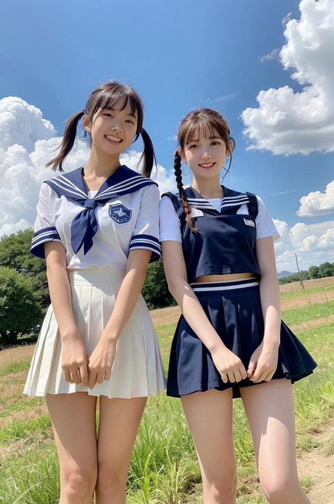 2 girls standing in windy rural field,large cumulonimbus cloud in summer blue sky,white sailor shirt,navy blue pleated skirt rolling up in wind,white panties,18-year-old,bangs,a little smile,thighs,knees,short hair with low pigtails bunches blowing in wind,from below,front light