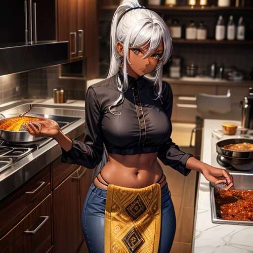 A dark-skinned woman with silver hair in a ponytail, Wearing a black dress shirt and slim jeans, Making spices. Showing your belly button Indian traditional clothing Tandoori kettle Tandoori Chicken