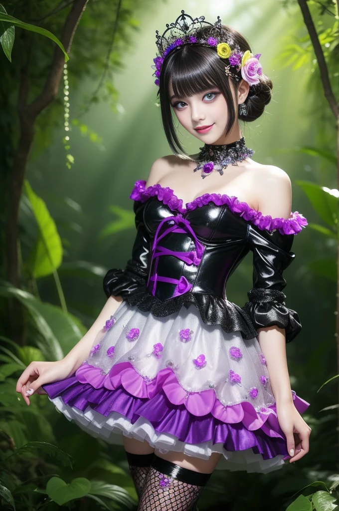sexy stylish German model who controls poison、beautiful smile、lipgloss、long lashes、dramatic makeup、look at the camera、full body Esbian、、sparkling poisoned enchanted lucid flower costume with flowers、、、、shiny sparkling colorful short hair、secrete poison、skull hair accessories、fishnet tights、shiny sparkling dark magic forest background