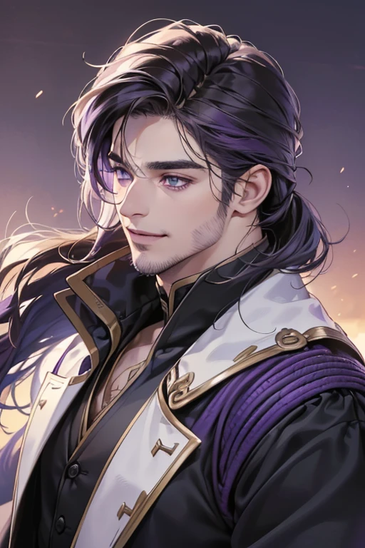 (best quality,4k,8k,highres,masterpiece:1.2),ultra-detailed,(realistic,photorealistic,photo-realistic:1.37),30 year old man,3 day beard,handsome anime,portraits,strong,masculine, dark hair,s harp jawline,((mesmerizing purple eyes)),((perfectly styled hair)),cool anime outfit,((confident expression smile in love)),((dynamic lighting)).