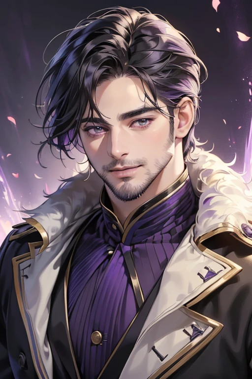 (best quality,4k,8k,highres,masterpiece:1.2),ultra-detailed,(realistic,photorealistic,photo-realistic:1.37),30 year old man,3 day beard,handsome anime,portraits,strong,masculine, dark hair,s harp jawline,((mesmerizing purple eyes)),((perfectly styled hair)),cool anime outfit,((confident expression smile in love)),((dynamic lighting)).