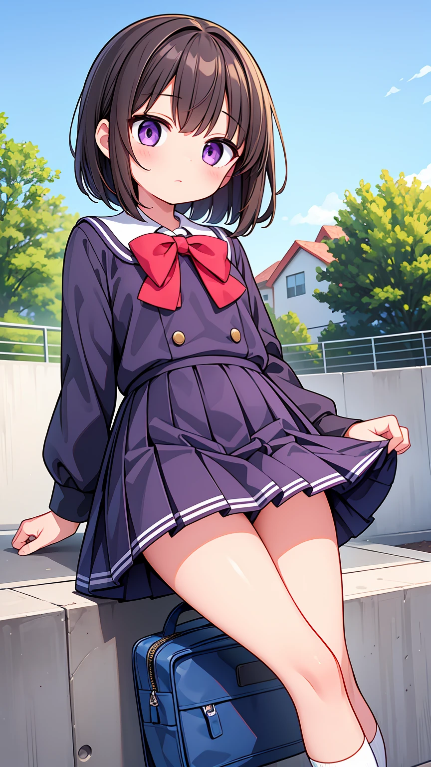 (High quality), (masterpiece), (very detailed), girl, (very small bust), short brown hair, purple eyes, shy face, (li), showing her thighs, on the school yard, sunny, camera angle from below, adorable eyes, (primar school uniform)