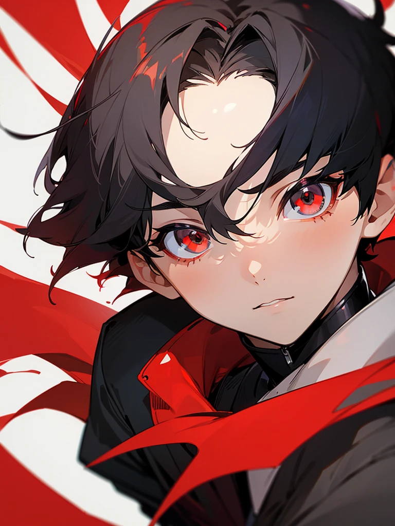 a 13 year old boy, He has short hair, his hair is black on one side and red on the other side,the eyes are gray in color