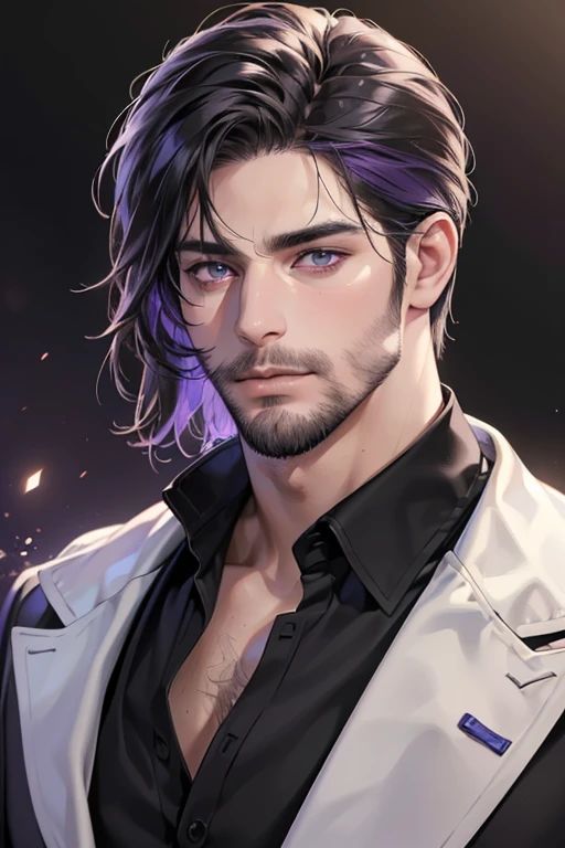 (best quality,4k,8k,highres,masterpiece:1.2),ultra-detailed,(realistic,photorealistic,photo-realistic:1.37),30 year old man,3 day beard,handsome anime,portraits,strong,masculine,dark hair,sharp jawline,mesmerizing purple eyes,perfectly styled hair,cool anime outfit,confident expression,vibrant colors,dynamic lighting