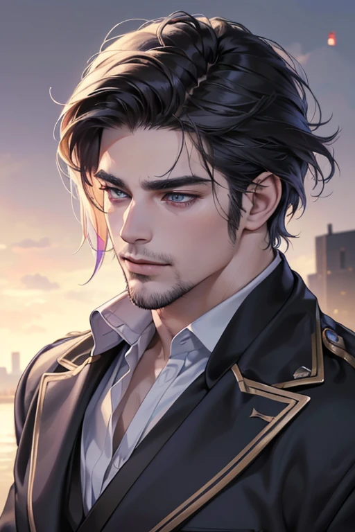 (best quality,4k,8k,highres,masterpiece:1.2),ultra-detailed,(realistic,photorealistic,photo-realistic:1.37),30 year old man,3 day beard,handsome anime,portraits,strong,masculine,dark hair,sharp jawline,mesmerizing purple eyes,perfectly styled hair,cool anime outfit,confident expression,vibrant colors,dynamic lighting