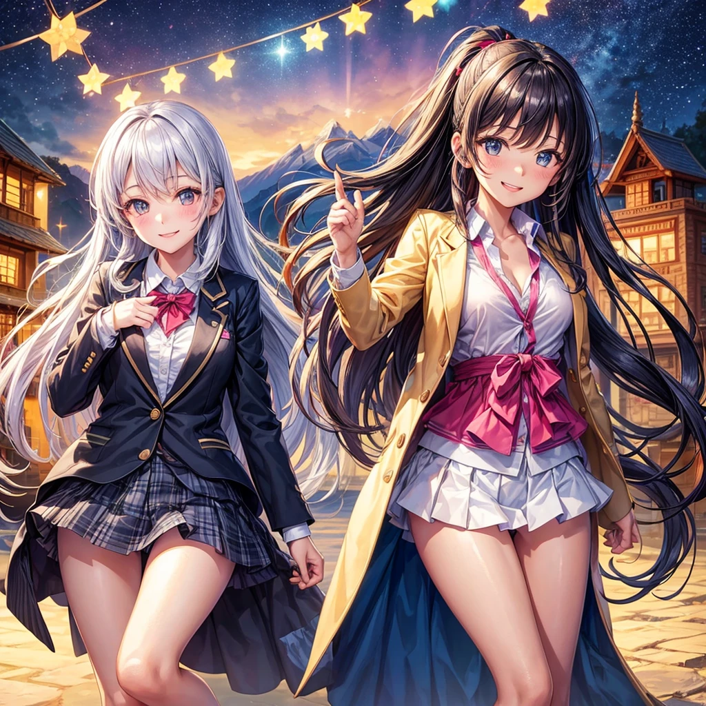 best quality,,smile,blazer,swimsuit,nepal,middle School girlultiple girls are depicted,harem,idol group,starry sky background,photo shoot,long hair,wearing a cardigan,beautiful girlの国,girl's paradise,highest quality,big breasts,leather jacket,happy girl,horny girl,blue eyes,perfect face,standing position,She has her bangs down,fur jacket,Beautiful eyes,smooth hair,perfect eyes,beautiful girl,Angel Girl,multicolored hair colors,naughty girl,beautiful,High-dimensional beautiful girl,Multidimensional beautiful girl,gathering,Group、,classroom,School,