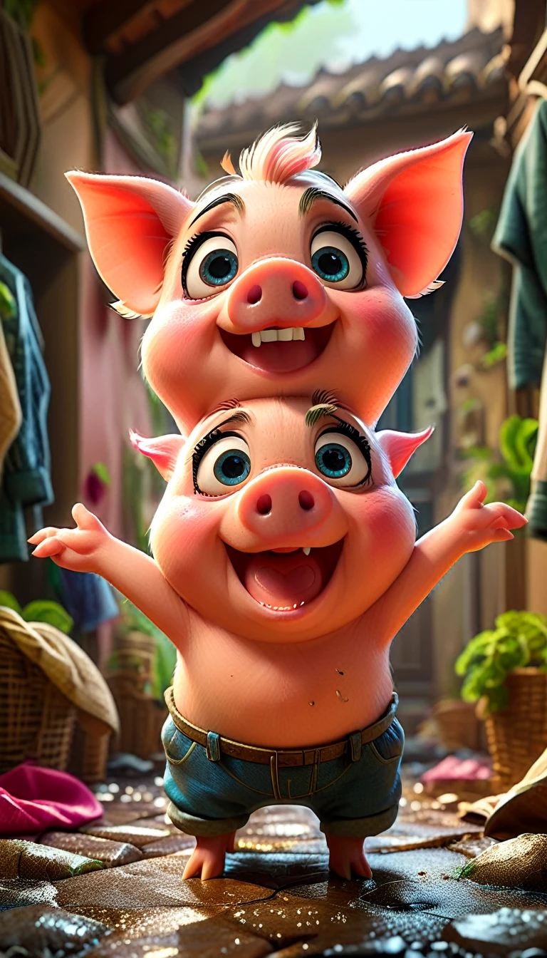 cute pig, cartoon , arms, hands ,cute eyes, pig ears,looking at viewer, arms up, dirty background, clothes, dirty