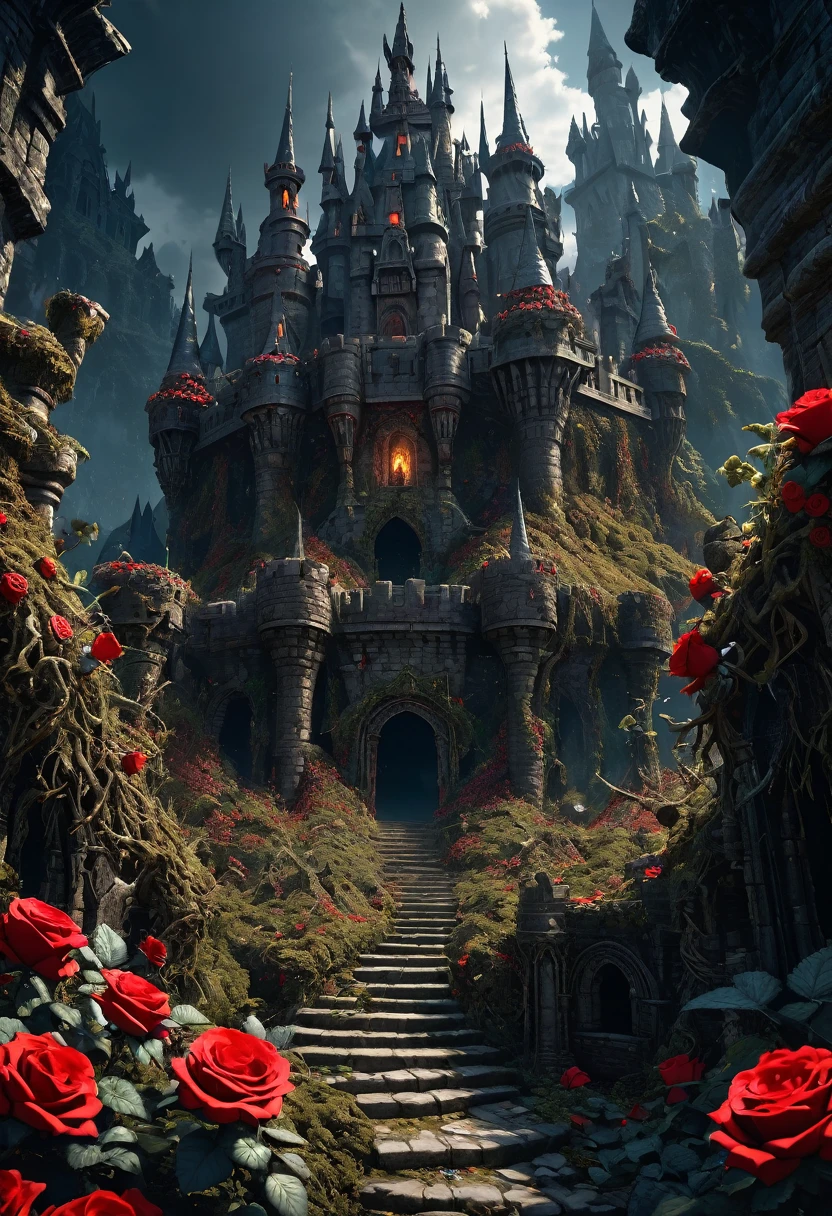 A fantastical image of a reddish castle surrounded by ultra sharp and prickly brambles with scarlet roses on them. Ultra dark, dark fantasy, dark souls. Very detailed, UHD, masterpiece