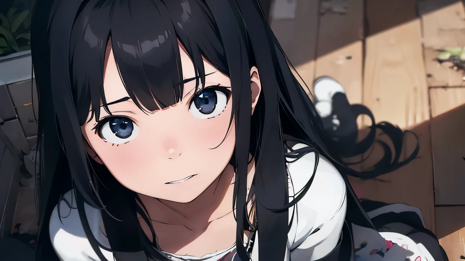 Spiteful eyes、、Black Hair、blunt bangs、White shirt、 hatsune miku,1 girl, 2D CG, Advanced digital anime art, anime character