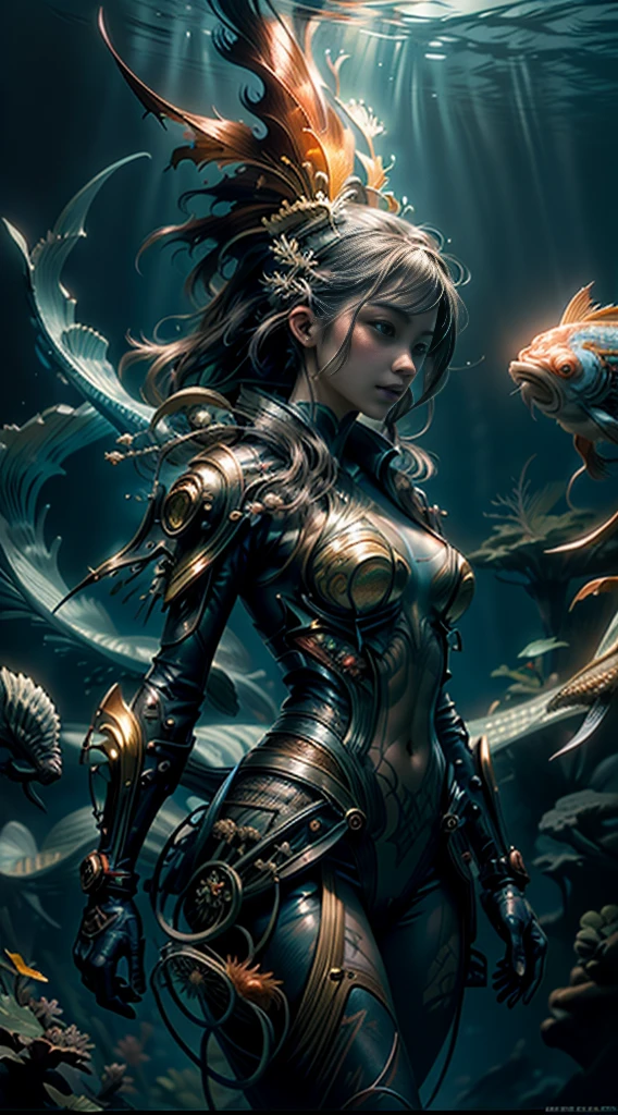modelshoot style, (extremely detailed CG unit 8k wallpaper), A chaotic storm of intricate liquid smoke in the head, Stylized abstract portrait of pretty, skin wet,Koi,Koi bonito |,Bandas Koi,carp,Strangely shaped corals,Ocean floor,Beautiful coral reef in the background,rockery,Marine life,author:Petros Afshar, ross tran, Tom Baleia, peter mohrbacher, art germ, vidro quebrado, ((bubbly underwater scenery)) The octane rendering of radiant light is highly detailed