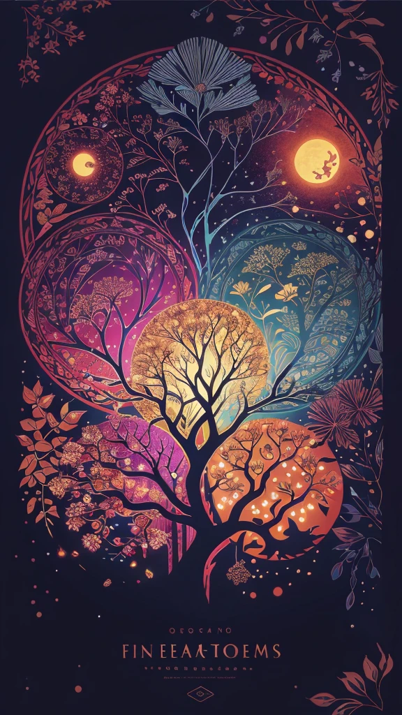circular tree,four seasons,spring,summer,autumn,winter,leaves,roots,branches,trunk,ornate border,decorative,digital illustration,artwork,movement,time,swirling background,dark background,vibrant colors,natural,life cycle,growth,change,nature,life,peace,harmony,spirituality,symbolism,digital art,illustration,painting,graphic design,art,design,digital media,online art,visual art,fine art,fantasy