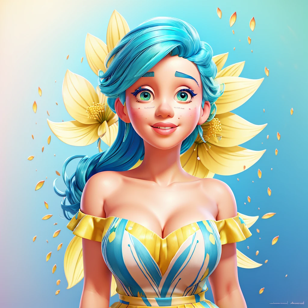 A beautiful woman with blue hair, yellow skin, and a blue dress, Marilyn Monroe style, hyper detailed botanical elements, line art, digital illustration, thick paint, maximalist botanicals, a beautiful and aesthetically pleasing illustrative masterpiece, post-edited with Topaz