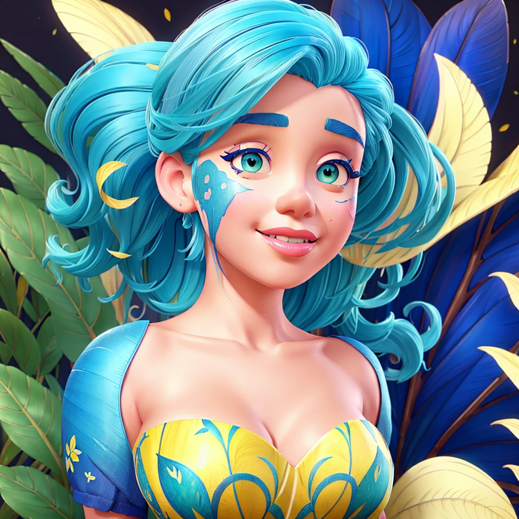 A beautiful woman with blue hair, yellow skin, and a blue dress, Marilyn Monroe style, hyper detailed botanical elements, line art, digital illustration, thick paint, maximalist botanicals, a beautiful and aesthetically pleasing illustrative masterpiece, post-edited with Topaz