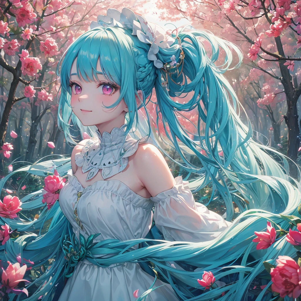 Sky blue hair, (Braided Ponytail),(Pink Eyes),Fair skin ,(whole body),1 Girl,smile,White and red clothing,Fresh Green Forest,Forest Goddess,Straight bangs,(masterpiece, 最high quality, Super detailed, Best Shadow), (Detailed Background), (Beautifully detailed face), High Contrast, (Best lighting, Very delicate and beautiful), ((Cinematic Light)), colorful, Hyper Detail, Dramatic Light, Intricate details,forest guardian,Leaf Blizzard,high quality,Tulip Fields