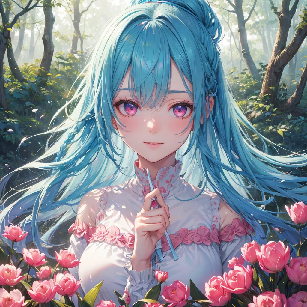 Sky blue hair, (Braided Ponytail),(Pink Eyes),Fair skin ,(whole body),1 Girl,smile,White and red clothing,Fresh Green Forest,Forest Goddess,Straight bangs,(masterpiece, 最high quality, Super detailed, Best Shadow), (Detailed Background), (Beautifully detailed face), High Contrast, (Best lighting, Very delicate and beautiful), ((Cinematic Light)), colorful, Hyper Detail, Dramatic Light, Intricate details,forest guardian,Leaf Blizzard,high quality,Tulip Fields