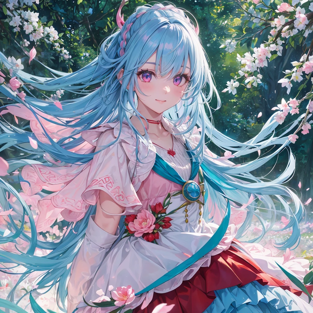 Sky blue hair, (Braided Ponytail),(Pink Eyes),Fair skin ,(whole body),1 Girl,smile,White and red clothing,Fresh Green Forest,Forest Goddess,Straight bangs,(masterpiece, 最high quality, Super detailed, Best Shadow), (Detailed Background), (Beautifully detailed face), High Contrast, (Best lighting, Very delicate and beautiful), ((Cinematic Light)), colorful, Hyper Detail, Dramatic Light, Intricate details,forest guardian,Leaf Blizzard,high quality,Tulip Fields