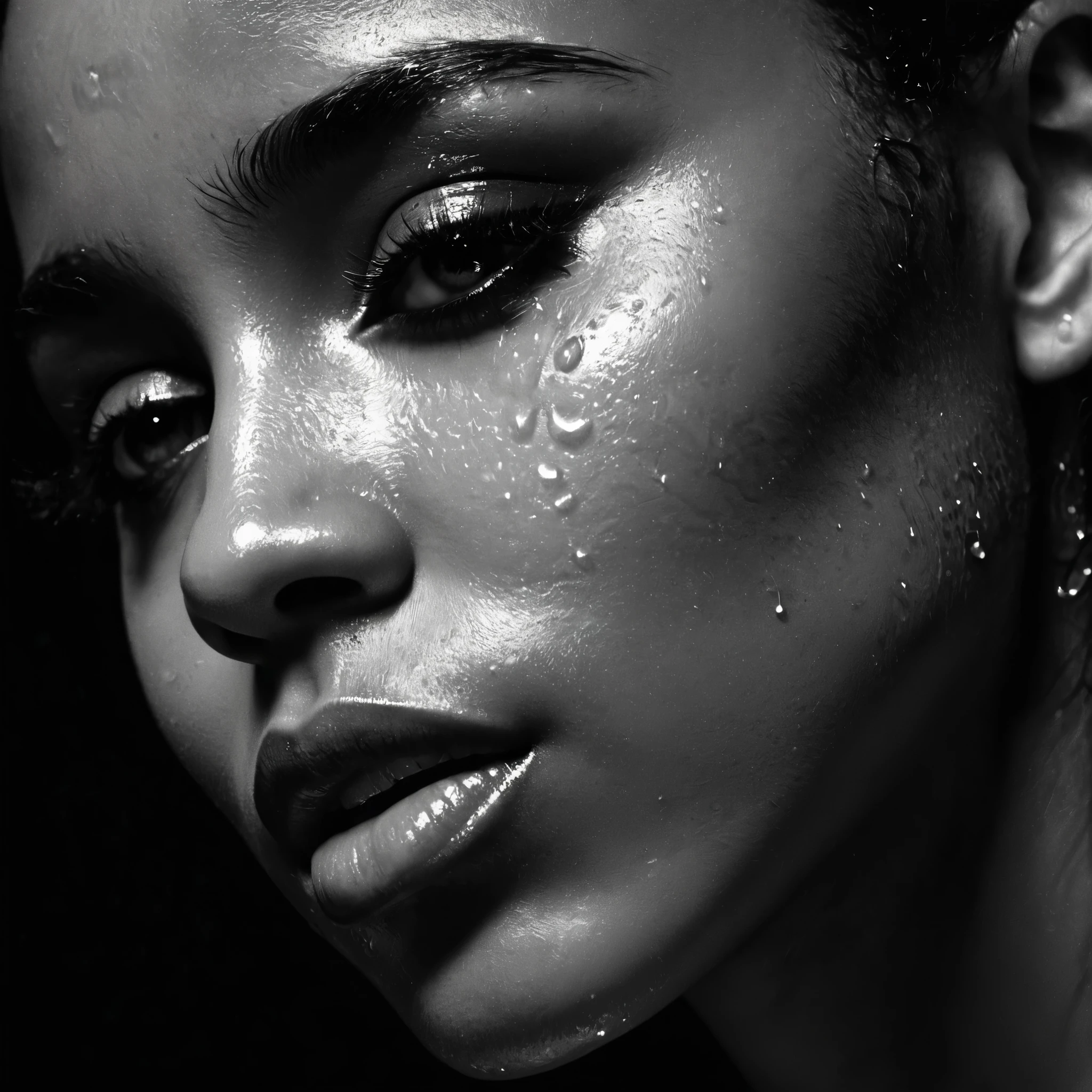 close up and zoomed in on a beautiful black girl with crying a water teardrop running down her face and a black background, close up on side profile only showing cheek and eyelight falling on face, noir photorealism, mysterious portrait of a woman, chiaroscuro portrait, grainy black and white photo. close up on side profile, tinashe, zoe kravitz, zoomed in on tear drop, euphoria vibes