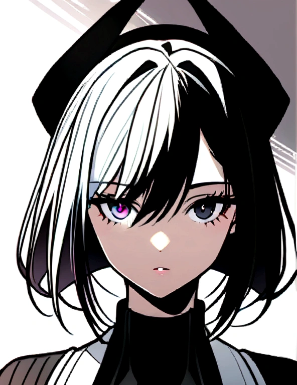 "Change your hair to short, front hair white, rear - black, eyes are black, maintaining style and color scheme."