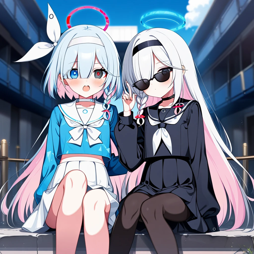 2girls sunglasses, horosuke, blue archive, arona \(blue archive\), plana \(blue archive\), adjusting eyewear, black choker, black coat, black eyes, black hairband, black pantyhose, black sailor collar, black serafuku, black shirt, black skirt, blue eyes, blue hair, blue halo, blue pupils, blue shirt, blue sky, blush, bow hairband, braid, breasts, buttoned cuffs, buttons, choker, closed mouth, cloud, coat, colored inner hair, day, film grain, hair over one side of face, hair ribbon, hairband, halo, light blue hair, long hair, long sleeves, looking at viewer, miniskirt, multicolored hair, multiple girls, neckerchief, open mouth, outdoors, pantyhose, pink hair, pleated skirt, puffy long sleeves, puffy sleeves, red halo, ribbon, sailor collar, sailor shirt, serafuku, shirt, short hair, side braid, single braid, sitting, skirt, sky, small breasts, sunglasses, teeth, thighs, two-tone hair, upper teeth only, white choker, white hair, white hairband, white neckerchief, white ribbon, white sailor collar, white skirt
