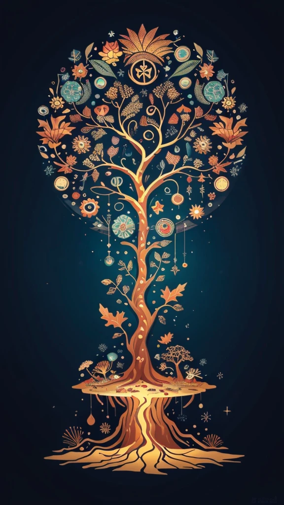 circular tree,four seasons,spring,summer,autumn,winter,leaves,roots,branches,trunk,ornate border,decorative,digital illustration,artwork,movement,time,swirling background,dark background,vibrant colors,natural,life cycle,growth,change,nature,life,peace,harmony,spirituality,symbolism,digital art,illustration,painting,graphic design,art,design,digital media,online art,visual art,fine art,fantasy