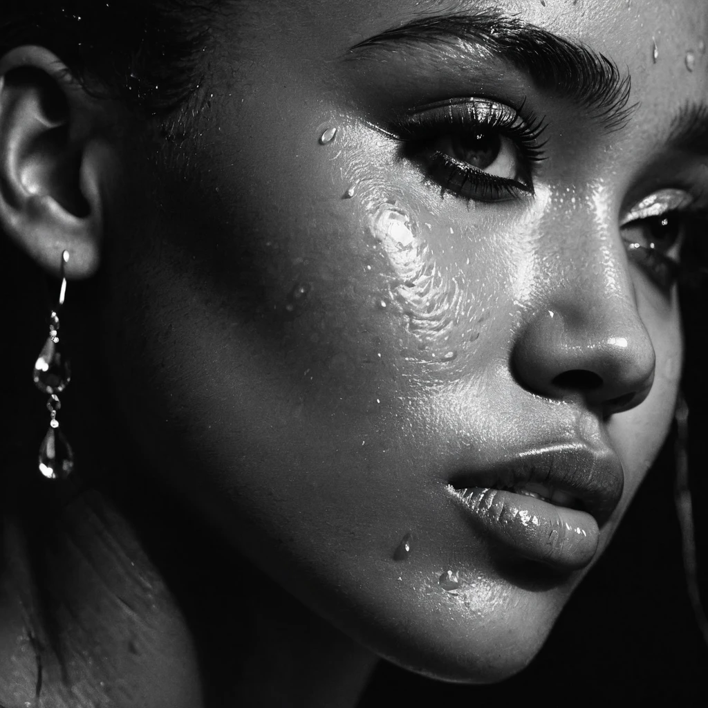 close up and zoomed in on a beautiful black girl with crying a single water teardrop running down her face and a black background, close up on side profile only showing cheek and eyelight falling on face, noir photorealism, mysterious portrait of a woman, chiaroscuro portrait, grainy black and white photo. close up on side profile, tinashe, zoe kravitz, zoomed in on tear drop, euphoria vibes, tears, crying