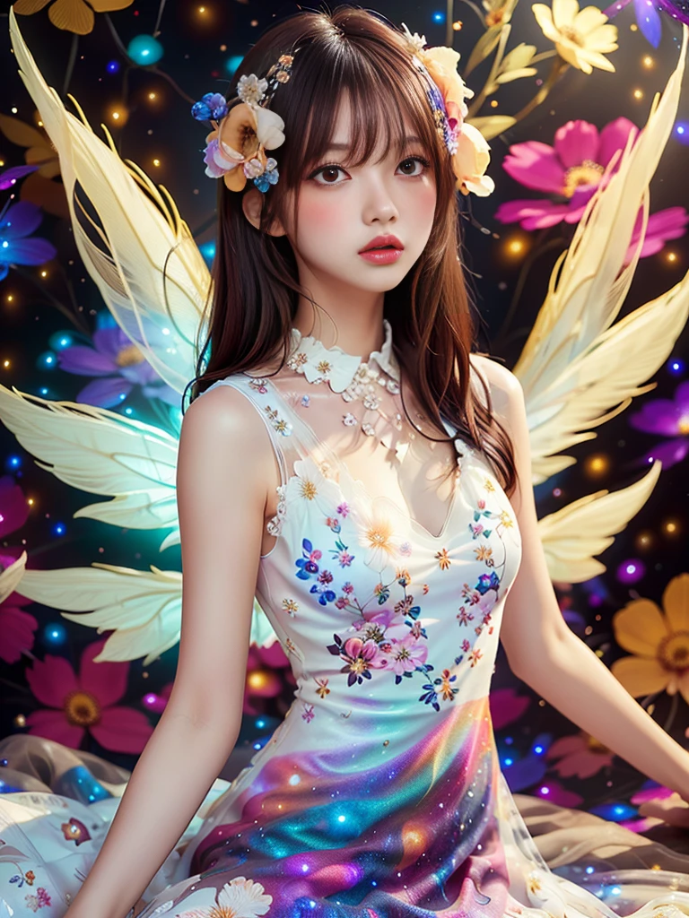 4K Ultra HD, masterpiece, girl, Nice face, Fine grain, Detailed lips, Flower fairy girl, Big Wings, Transparent feathers, Neon Light, (Galaxy Background:1.5), (Floral Dress:1.8), (White Dress:1.5), In heaven,
