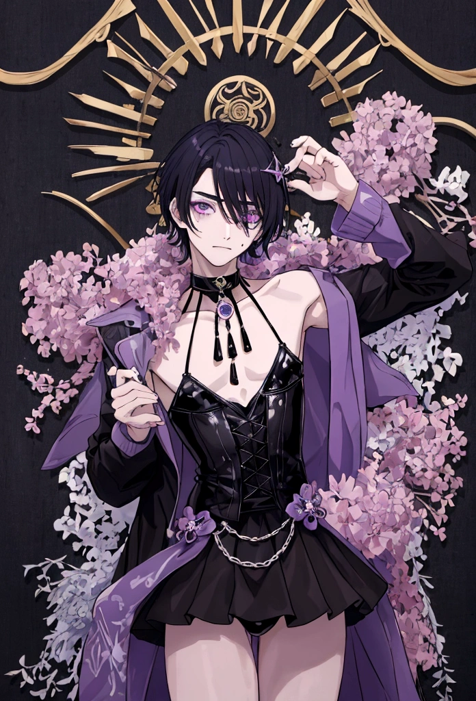 Chico de seXo mascullino de la edad de 12 años con el derecho color negro con una "X" color eye in the center and purple left eye, bluish black fur, kawai shape dress male version