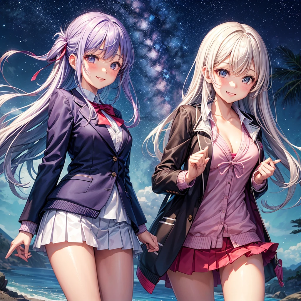 best quality，，smile，blazer，swimsuit，nepal，middle School girlultiple girls are depicted,harem，idol group，starry sky background，photo shoot，long hair，wearing a cardigan，beautiful girlの国，girl&#39;s paradise，highest quality，big breasts，leather jacket，happy girl,horny girl，blue eyes，perfect face，standing position，She has her bangs down，fur jacket,Beautiful eyes，smooth hair，perfect eyes，beautiful girl，Angel Girl，multicolored hair colors，naughty girl，beautiful，High-dimensional beautiful girl，Multidimensional beautiful girl，gathering，Group、，classroom，School，
