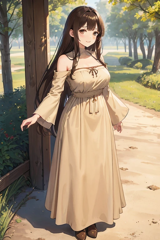 A straight haired brunette adult female standing on the ground, wearing loose brown plain dress with cuff sleeves, low neckline, medieval, brown hair, large long shaped tits, silly personalty, cute happy demeanor, sunny disposition, deredere,