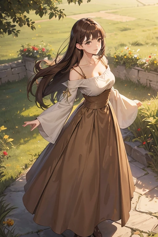 A straight haired brunette adult female standing on the ground, wearing loose brown plain dress with cuff sleeves, low neckline, medieval, brown hair, large long shaped tits, silly personalty, cute happy demeanor, sunny disposition, deredere,