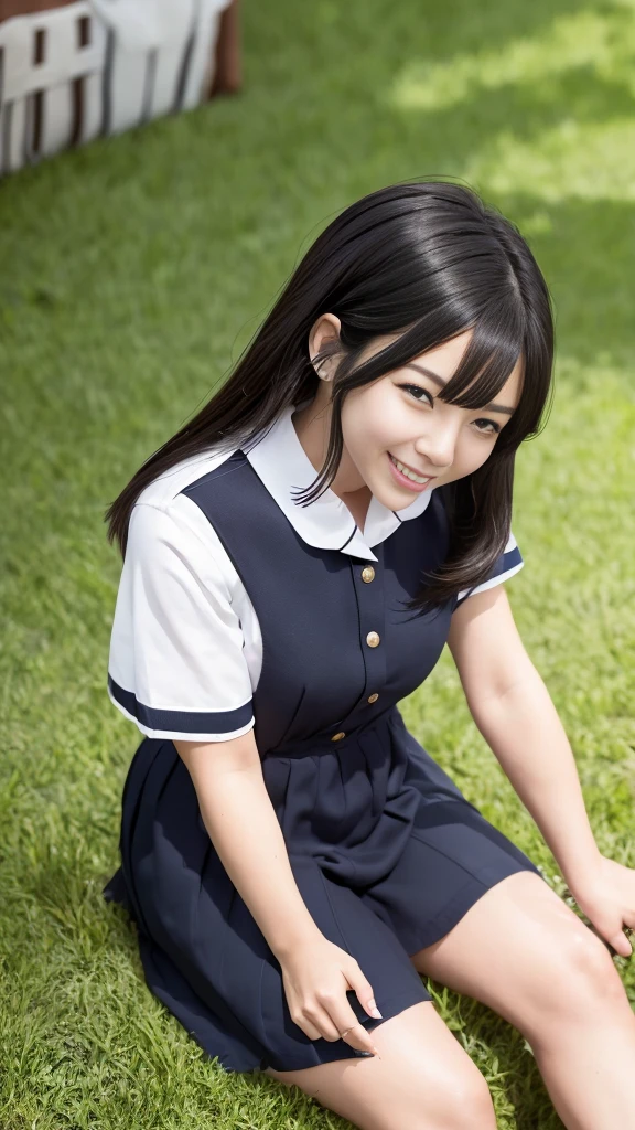 A scene of a black-haired woman wearing a sailor uniform sitting on the grass on a sunny day with a big smile