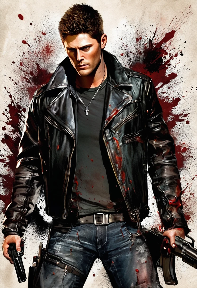 Create concept art for a film featuring a blond man with a goatee,with black leather jacket and jeans,and torn,he is bleeding,and holding a gun!