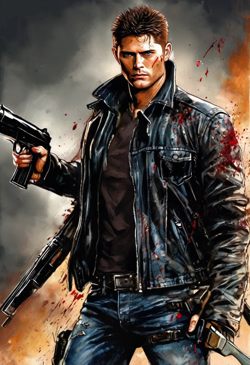 Crie concepts art para um filme do dean winchester's loiro com moicano ,with black leather jacket and jeans,and torn,he is bleeding,and holding a gun!