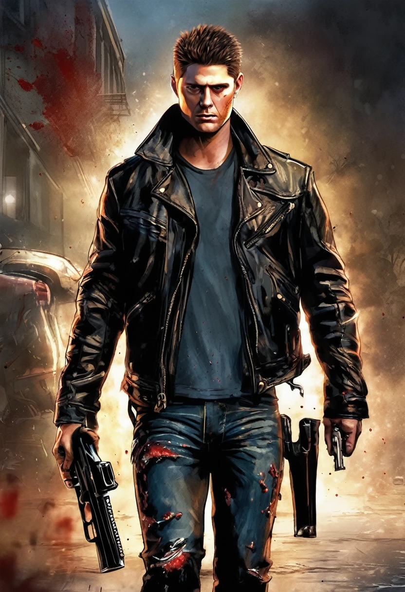 Crie concepts art para um filme do dean winchester's loiro com moicano ,with black leather jacket and jeans,and torn,he is bleeding,and holding a gun!