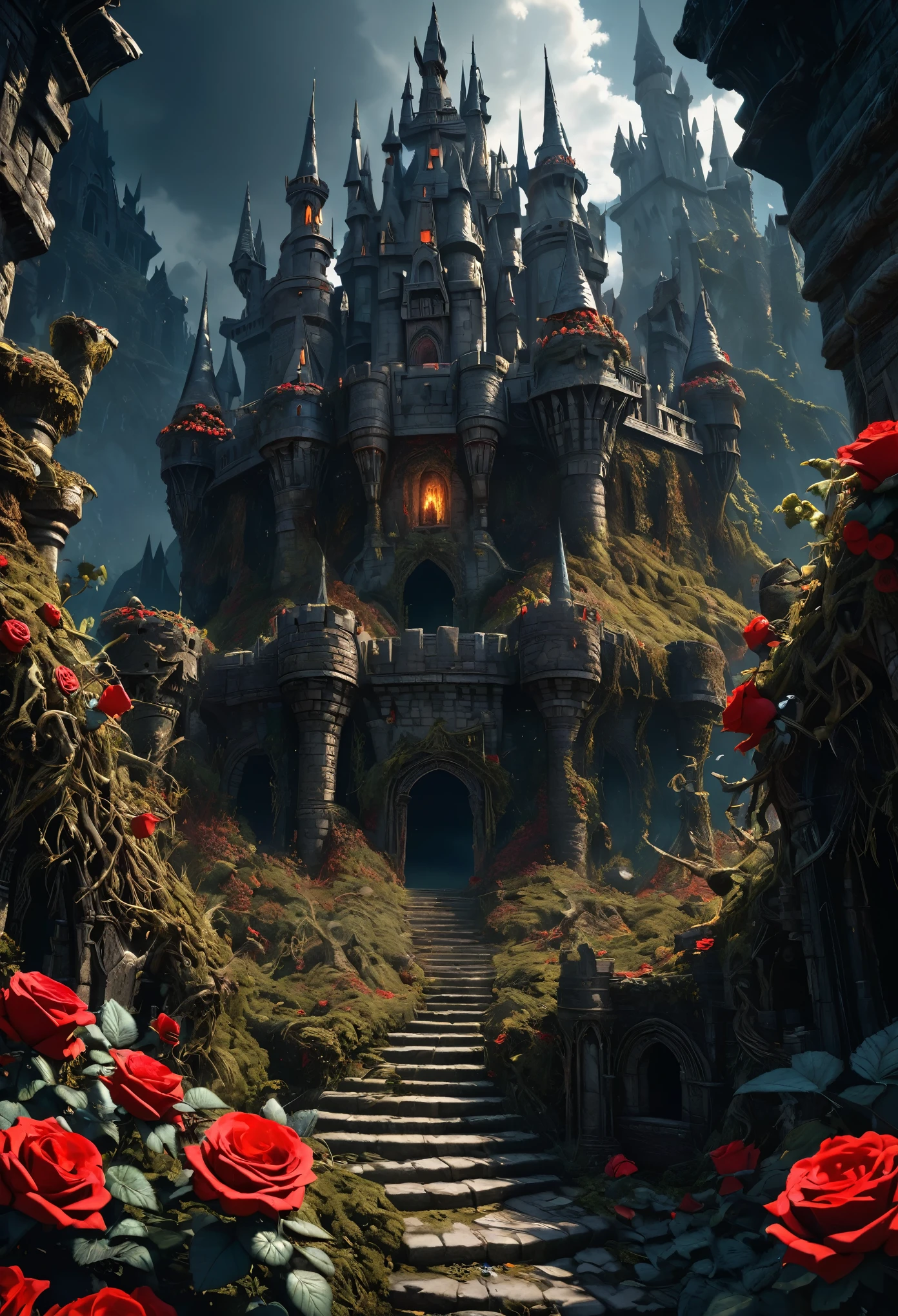 A fantastical image of a reddish castle surrounded by ultra sharp and prickly brambles with scarlet roses on them. Ultra dark, dark fantasy, dark souls. Very detailed, UHD, masterpiece