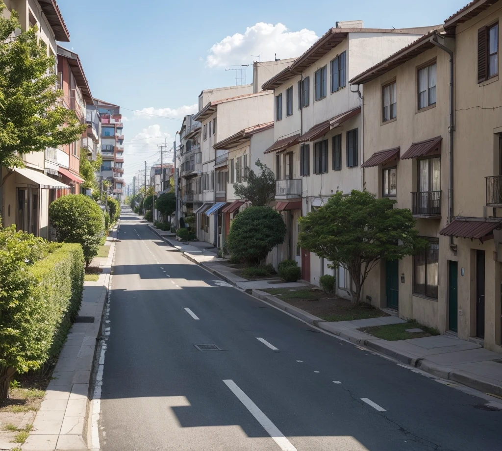 ((best qualityer)), (detailded), a central avenue in the center of the image, on the sides of buildings and houses, some trees on the sidewalk, ((no vehicles present))