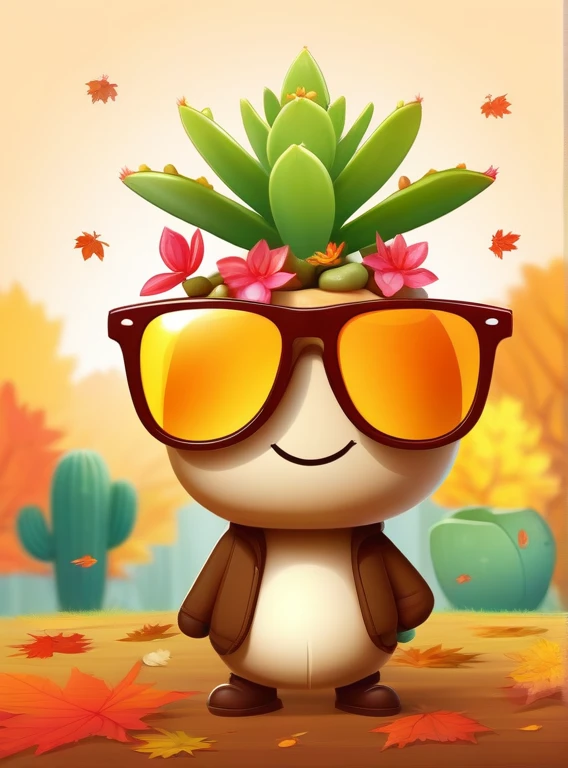happy succulent plant wearing sunglasses, flower on his head, in autumn season, illustration, no humans, looking at viewer, solo, portrait, vector art,