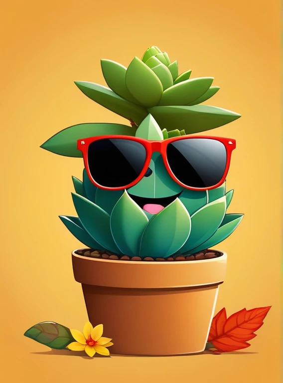 happy succulent plant wearing sunglasses, flower on his head, in autumn season, illustration, no humans, looking at viewer, solo, portrait, vector art,