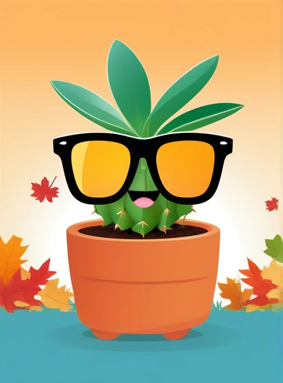 happy succulent plant wearing sunglasses, flower on his head, in autumn season, illustration, no humans, looking at viewer, solo, portrait, vector art,