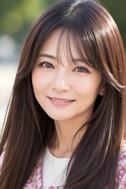 smile、Expression of joy、Japanese Mature、50 years old、Close-up photo of the face、Gorgeous Long Hair、Detailed face、Very beautiful、Detailed eyes、Well-formed face、