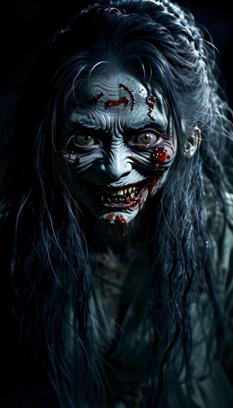 Ultra-detailed, master piece, (best quality:1.5), (high resolution:1.5), (midnight: 1.5), Edo period, On a black background, a very scary and grotesque-looking woman has a ghostly face with long flowing hair, smiling evilly and scaring people, (Eyes bleary and bloodshot: 1.5), (Old woman: 1.5), skin wrinkled, (Filthy: 1.5), ultra-realistic, cinematic, high detail, youkai, Japan, (Super Scary: 1.5), Japanese Horror, Hyper Realistic, Cinematic, Dark Ambient, Ominous Atmosphere, Realistic, Masterpiece