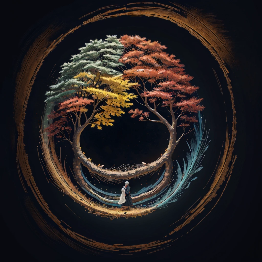 circular tree,four seasons,spring,summer,autumn,winter,leaves,roots,branches,trunk,ornate border,decorative,digital illustration,artwork,movement,time,swirling background,dark background,vibrant colors,natural,life cycle,growth,change,nature,life,peace,harmony,spirituality,symbolism,digital art,illustration,painting,graphic design,art,design,digital media,online art,visual art,fine art,fantasy