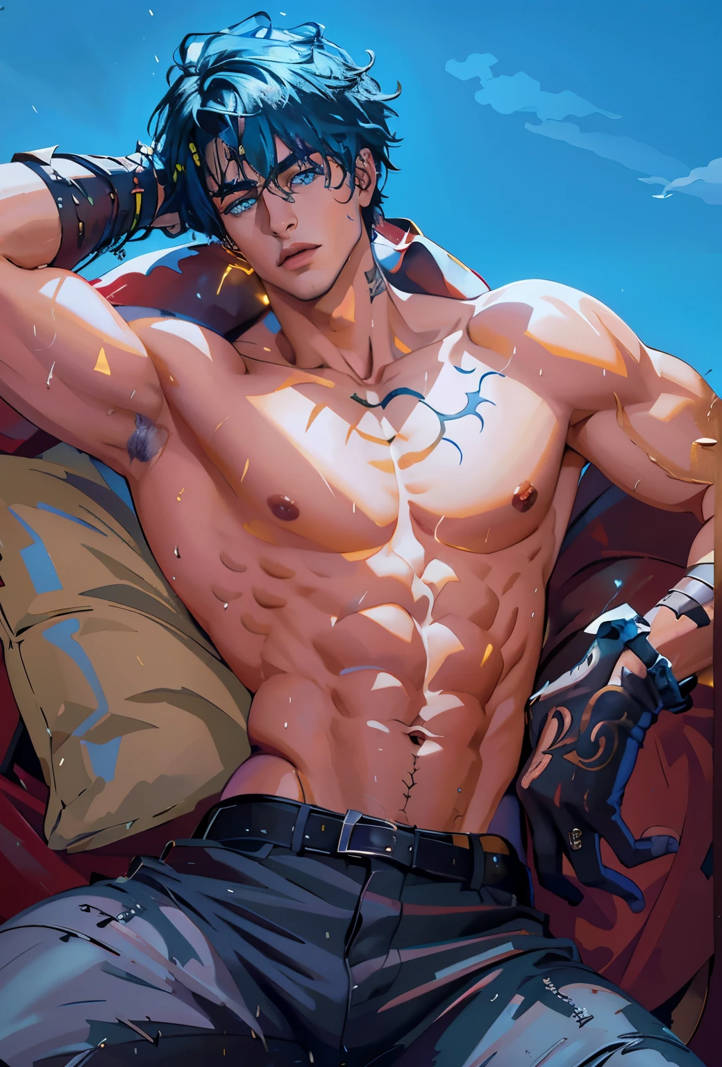 8K, complex, elegant, Highly detailed, majestic, digital photography, surreal painting, defeat magic, Sinuous Lightning, (masterpiece, Side light, fine and beautiful eyes: 1.2), HDR, (bright blue eyes)), Naked upper body, (bright tattoo), handsome boy, cana, musculature, black skin, demon horn, Raining, handsome, in front of camera, masterpiece