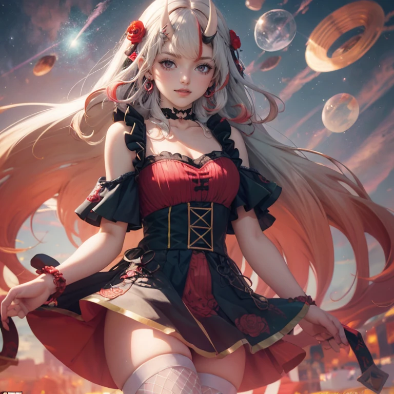 1girl, long hair, long flowing hair, floating hair, ornament hair, perfectly body, perfectly hands, rose on hair, magenta rose on hair, 1girl, white maid dress, jewelry, flowing hair, long hair, maid dress with a short skirt and layers, white laces, white boots, white dress with transparency, gold details on her clothes, cat ears, animal ears, more details, perfectly body, perfectly hands, two hands, two legs, two arms, five fingers, glowing hair, best quality, cat ears, animal ears, white gloves, cat tail, alone, maid headdress, choker, detached sleeves, maid dress, maid white dress, strapless, masterpeice, best quality, detailed face, night, asymmetrical gloves, bangs, white short skirt , earrings, elbow gloves, fishnet thighhighs, fishmasterpeice, solo, best quality, detailed face, hair between eyes, jewelry, looking at viewer, single earring, sky, sleeveless, solo, thigh boots, thighhighs, tongue, tongue out, uneven gloves, cat ears, animal ears, cat tail, solo, alone, Looking at the viewer, magenta roses on her hair, space scenery, maid, maid dress, magenta details, maid headdress, maid apron, purple hair, long hair, seat on the Saturn rings, more details on her clothes, gold details on her clothes, space, smiling, standing her hand to a viewer, looking at the viewer, in the background a several asteroids glowing with fiery auras, Dramatic lighting from distant stars and planets illuminates the scene, looking at the vast and mysterious universe, cowboy shot, upper body portrait, more details, sparkle,