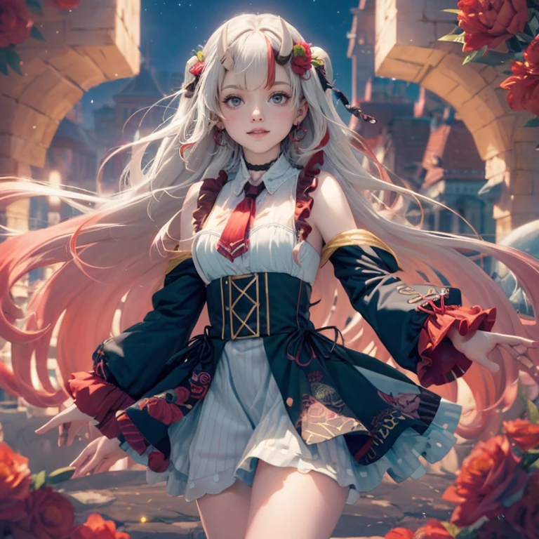 1girl, long hair, long flowing hair, floating hair, ornament hair, perfectly body, perfectly hands, rose on hair, magenta rose on hair, 1girl, white maid dress, jewelry, flowing hair, long hair, maid dress with a short skirt and layers, white laces, white boots, white dress with transparency, gold details on her clothes, cat ears, animal ears,  more details, perfectly body, perfectly hands, two hands, two legs, two arms, five fingers, glowing hair, best quality, cat ears, animal ears, white gloves, cat tail, alone, maid headdress, choker, detached sleeves, maid dress, maid white dress, strapless, masterpeice, best quality, detailed face, night, asymmetrical gloves, bangs, white short skirt , earrings, elbow gloves, fishnet thighhighs, fishmasterpeice, solo, best quality, detailed face, hair between eyes, jewelry, looking at viewer, single earring, sky, sleeveless, solo, thigh boots, thighhighs, tongue, tongue out, uneven gloves, cat ears, animal ears, cat tail, solo, alone, Looking at the viewer, magenta roses on her hair, space scenery, maid, maid dress, magenta details, maid headdress, maid apron, purple hair, long hair, seat on the Saturn rings, more details on her clothes, gold details on her clothes, space, smiling, standing her hand to a viewer, looking at the viewer, in the background a several asteroids glowing with fiery auras, Dramatic lighting from distant stars and planets illuminates the scene, looking at the vast and mysterious universe, cowboy shot, upper body portrait, more details, sparkle,